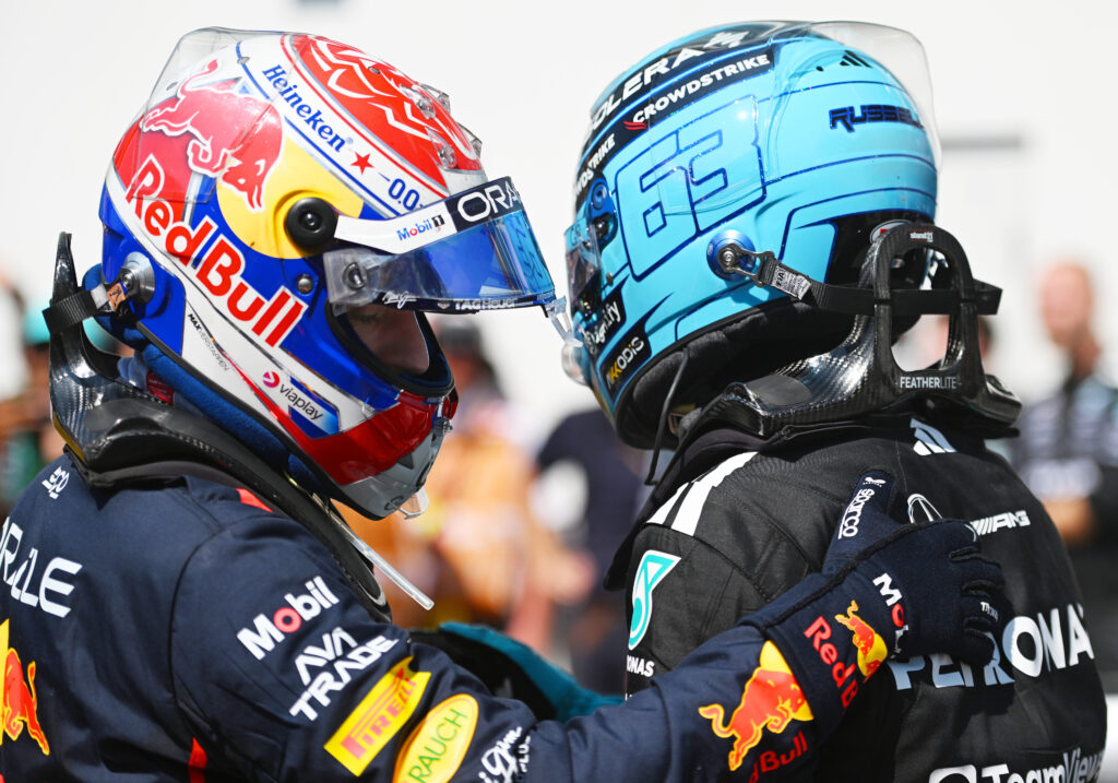 Max Verstappen in George Russell po dirki za VN Kanade 2025